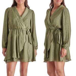 Steve Madden Faux Wrap Flounce Satin Dress Animal Print Dusty Olive Green M